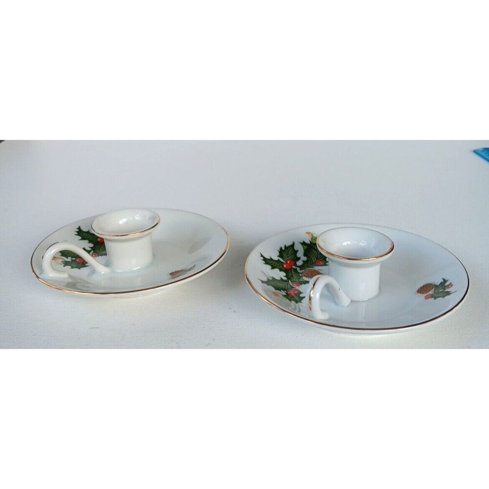 Vintage Christmas Candle Holders Set of 2  Holly Leaves and Berries Japan